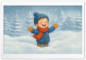 Joyful Winter Boy Illustration 4K UHD Wallpaper for Widescreen and UltraWide Desktop, UltraHD TV, Smartphone, Tablet