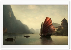 Junk Ship Chinese Painting Ultra HD Wallpaper for 4K UHD Widescreen desktop, tablet & smartphone
