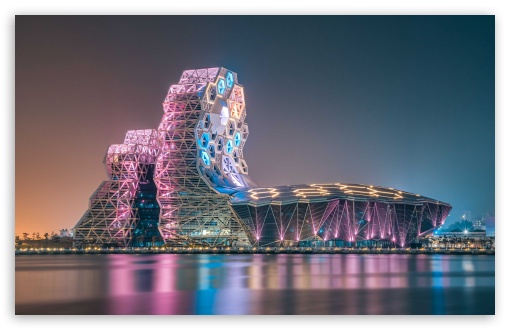 Kaohsiung Music Center, Kaohsiung, Taiwan, Asia, Music Hall, Architecture, Night UltraHD Wallpaper for UHD 16:9 ; HD 16:9 ; UltraWide 21:9 24:10 ; Widescreen 16:10 5:3 ; Fullscreen 4:3 5:4 3:2 ; Dual 5:4 ;