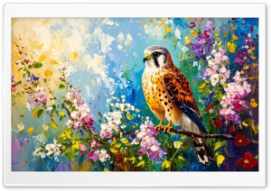 Kestrel, Bird, Blossom branch, Spring, Painting 4K UHD Wallpaper for Widescreen and UltraWide Desktop, UltraHD TV, Smartphone, Tablet