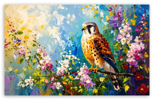 Kestrel, Bird, Blossom branch, Spring, Painting UltraHD Wallpaper for UHD 16:9 ; HD 16:9 ; UltraWide 21:9 24:10 ; Widescreen 16:10 5:3 ; Fullscreen 4:3 5:4 3:2 ; Tablet 1:1 ; Mobile 9:16 9:19.5 9:20 10:16 2:3 3:5 3:4 ; Dual 4:3 5:4 3:2 ;