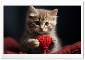 Kitten Holding a Knitted Heart Ultra HD Wallpaper for 4K UHD Widescreen Desktop, Lockscreen, Screensaver, TV, Tablet, Smartphone