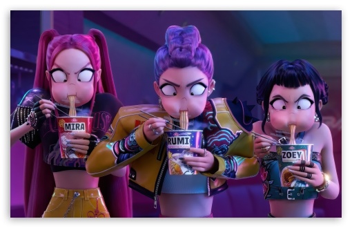KPop Demon Hunters, Rumi, Mira, and Zoey Eating Ramen UltraHD Wallpaper for UHD 16:9 ; HD 16:9 ; UltraWide 21:9 24:10 ; Widescreen 16:10 5:3 ; Fullscreen 4:3 5:4 3:2 ; Tablet 1:1 ; Mobile 9:16 9:19.5 9:20 10:16 2:3 3:5 3:4 ;