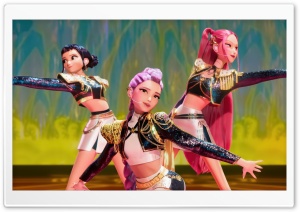 KPop Demon Hunters, Rumi, Mira, and Zoey with Golden 4K UHD Wallpaper for Widescreen and UltraWide Desktop, UltraHD TV, Smartphone, Tablet