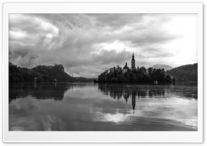 Lake Bled Slovenia Black and White 4K UHD Wallpaper for Widescreen and UltraWide Desktop, UltraHD TV, Smartphone, Tablet
