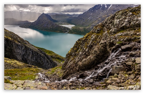 Lake Gjende, Vaga, Norway, Europe, Landscape, Panoramic, Scenic, Mountains UltraHD Wallpaper for UHD 16:9 ; HD 16:9 ; Widescreen 16:10 5:3 ; Fullscreen 4:3 5:4 3:2 ;