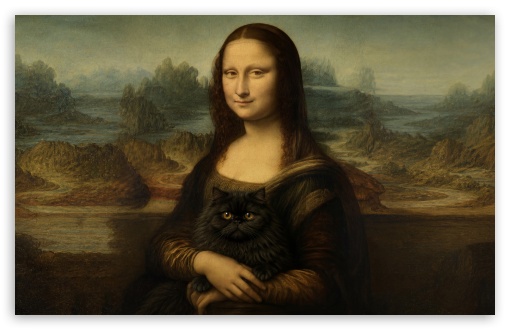 Leonardo da Vinci - Mona Lisa with a Cat UltraHD Wallpaper for UHD 16:9 ; HD 16:9 ; UltraWide 21:9 24:10 ; Widescreen 16:10 ; Tablet 1:1 ; Mobile 9:16 9:19.5 9:20 9:21 9:22 ;