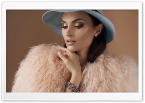 Light Pink Faux Fur Coat, Blue Hat, Woman, Make-up Ultra HD Wallpaper for 4K UHD Widescreen desktop, tablet & smartphone