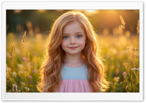 Little Girl in Sunlit Meadow at Golden Hour 4K UHD Wallpaper for Widescreen and UltraWide Desktop, UltraHD TV, Smartphone, Tablet