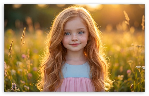 Little Girl in Sunlit Meadow at Golden Hour UltraHD Wallpaper for UHD 16:9 ; HD 16:9 ; UltraWide 21:9 24:10 32:9 32:10 ; Widescreen 16:10 ; Tablet 1:1 ; Mobile 9:16 9:19.5 9:20 9:21 9:22 ; Dual 16:10 16:9 ;