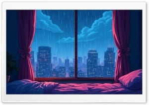 Lofi Bedroom Overlooking a Rain-Streaked Cityscape 4K UHD Wallpaper for Widescreen and UltraWide Desktop, UltraHD TV, Smartphone, Tablet