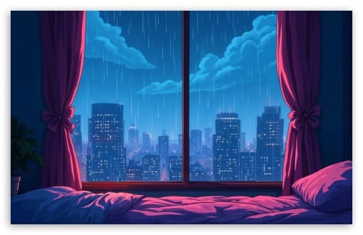 Lofi Bedroom Overlooking a Rain-Streaked Cityscape UltraHD Wallpaper for UHD 16:9 ; HD 16:9 ; UltraWide 21:9 24:10 ; Widescreen 16:10 ;