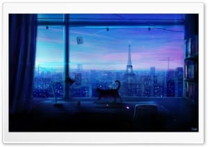 Lofi Paris Evening Aesthetic Cozy Room with Eiffel Tower View 4K UHD Wallpaper for Widescreen and UltraWide Desktop, UltraHD TV, Smartphone, Tablet