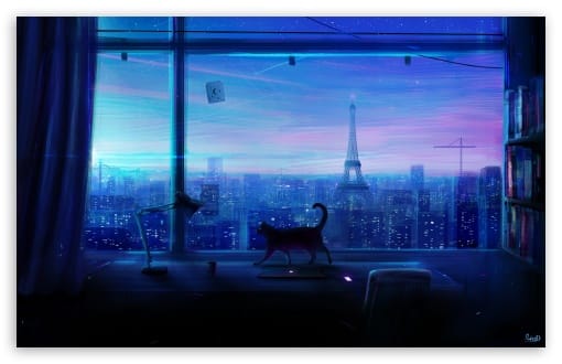 Lofi Paris Evening Aesthetic Cozy Room with Eiffel Tower View UltraHD Wallpaper for UHD 16:9 ; HD 16:9 ; UltraWide 21:9 24:10 ; Widescreen 16:10 ; Fullscreen 3:2 ;