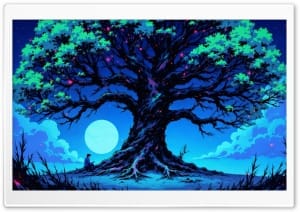 Magical Bioluminescent Tree under a Starry Night Sky 4K UHD Wallpaper for Widescreen and UltraWide Desktop, UltraHD TV, Smartphone, Tablet