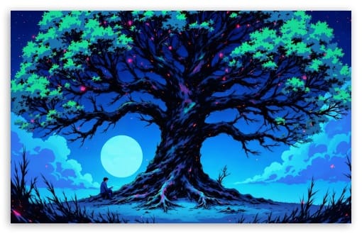 Magical Bioluminescent Tree under a Starry Night Sky UltraHD Wallpaper for UHD 16:9 ; HD 16:9 ; UltraWide 21:9 24:10 ; Widescreen 16:10 ; Tablet 1:1 ;