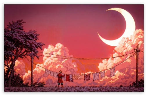 Man Hanging Laundry in Moonlight UltraHD Wallpaper for UHD 16:9 ; HD 16:9 ; UltraWide 21:9 24:10 ; Widescreen 16:10 5:3 ; Fullscreen 4:3 5:4 3:2 ; Tablet 1:1 ;