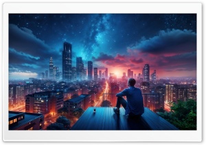 Man, Night, City, Panoramic View, Digital Art 4K UHD Wallpaper for Widescreen and UltraWide Desktop, UltraHD TV, Smartphone, Tablet
