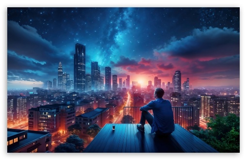 Man, Night, City, Panoramic View, Digital Art UltraHD Wallpaper for UHD 16:9 ; HD 16:9 ; UltraWide 21:9 24:10 32:9 32:10 ; Widescreen 16:10 5:3 ; Fullscreen 4:3 5:4 3:2 ; Tablet 1:1 ; Mobile 9:16 9:19.5 9:20 10:16 2:3 3:5 3:4 ; Dual 16:10 5:3 16:9 4:3 5:4 3:2 ;