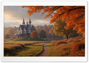 Mansion Amidst an Autumn Scene 4K UHD Wallpaper for Widescreen and UltraWide Desktop, UltraHD TV, Smartphone, Tablet
