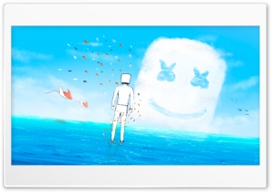 Marshmello Standing In Ocean With Fish Flying 4K UHD Wallpaper for Widescreen and UltraWide Desktop, UltraHD TV, Smartphone, Tablet