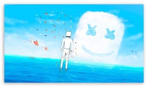 Marshmello Standing In Ocean With Fish Flying UltraHD Wallpaper for UHD 16:9 ; HD 16:9 ;