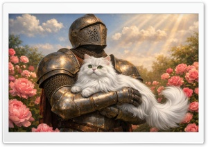 Medieval Knight Holding Cat 4K UHD Wallpaper for Widescreen and UltraWide Desktop, UltraHD TV, Smartphone, Tablet
