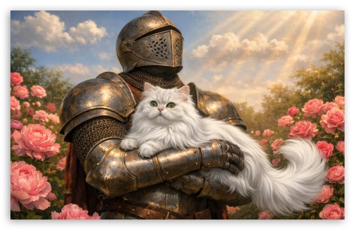 Medieval Knight Holding Cat UltraHD Wallpaper for UHD 16:9 ; HD 16:9 ; UltraWide 21:9 24:10 ; Widescreen 16:10 ; Tablet 1:1 ; Mobile 9:16 9:19.5 9:20 9:21 9:22 ;