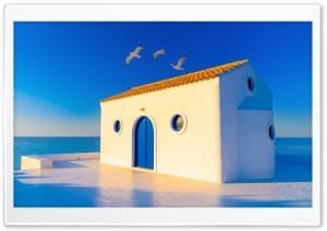 Mediterranean House with Blue Door Aesthetic 4K UHD Wallpaper for Widescreen and UltraWide Desktop, UltraHD TV, Smartphone, Tablet