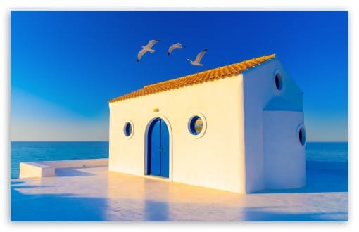 Mediterranean House with Blue Door Aesthetic UltraHD Wallpaper for UHD 16:9 ; HD 16:9 ; UltraWide 21:9 24:10 ; Widescreen 16:10 ; Tablet 1:1 ;