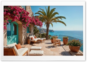 Mediterranean House With Sea Vista 4K UHD Wallpaper for Widescreen and UltraWide Desktop, UltraHD TV, Smartphone, Tablet