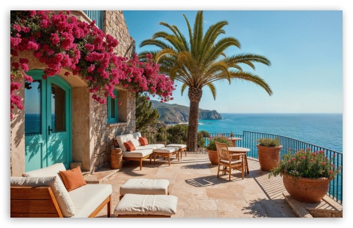 Mediterranean House With Sea Vista UltraHD Wallpaper for UHD 16:9 ; HD 16:9 ; UltraWide 21:9 24:10 ; Widescreen 16:10 5:3 ; Fullscreen 4:3 5:4 3:2 ; Tablet 1:1 ;