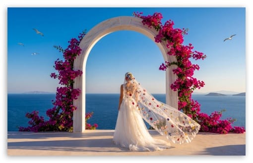 Mediterranean Wedding, Bride Under the Marble Arch UltraHD Wallpaper for UHD 16:9 ; HD 16:9 ; UltraWide 21:9 24:10 ; Widescreen 16:10 ; Tablet 1:1 ; Mobile 9:16 9:19.5 9:20 9:21 9:22 ;