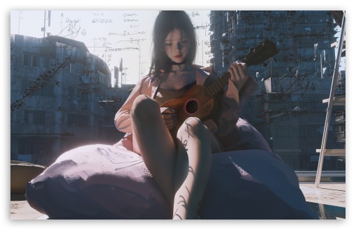 Melancholic Girl Playing Guitar Digital Art UltraHD Wallpaper for UHD 16:9 ; HD 16:9 ; UltraWide 21:9 24:10 ; Widescreen 16:10 5:3 ; Fullscreen 4:3 5:4 3:2 ; Tablet 1:1 ; Mobile 9:16 9:19.5 9:20 10:16 2:3 3:5 3:4 ;
