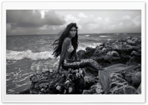 Mermaid, Shore, Sea, Ocean, Wave, Beauty, Black and White 4K UHD Wallpaper for Widescreen and UltraWide Desktop, UltraHD TV, Smartphone, Tablet