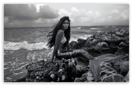 Mermaid, Shore, Sea, Ocean, Wave, Beauty, Black and White UltraHD Wallpaper for UHD 16:9 ; HD 16:9 ; UltraWide 21:9 24:10 ; Widescreen 16:10 5:3 ; Fullscreen 4:3 5:4 3:2 ; Tablet 1:1 ;