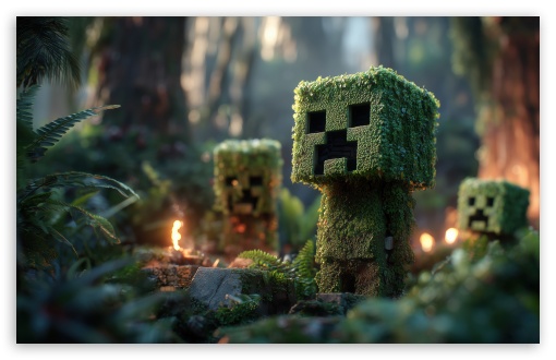 Minecraft Creepers Covered in Moss in Forest UltraHD Wallpaper for UHD 16:9 ; HD 16:9 ; UltraWide 21:9 24:10 32:9 32:10 ; Widescreen 16:10 ; Tablet 1:1 ; Mobile 9:16 9:19.5 9:20 ; Dual 16:10 16:9 ;