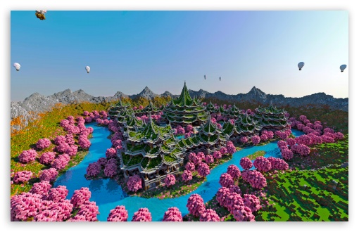 Minecraft Minecraft Asian Temple, Spring UltraHD Wallpaper for UHD 16:9 ; HD 16:9 ; UltraWide 21:9 24:10 32:9 32:10 ; Widescreen 16:10 ; Tablet 1:1 ; Dual 16:10 16:9 ;