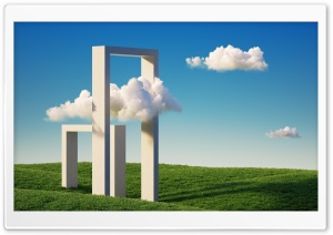 Minimalist Architecture Design, Green Field, Clouds 4K UHD Wallpaper for Widescreen and UltraWide Desktop, UltraHD TV, Smartphone, Tablet