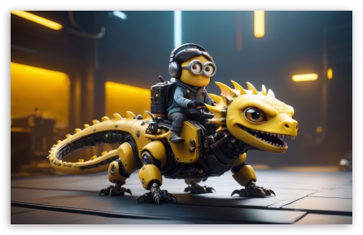 Minion Riding a Dinosaur Robot UltraHD Wallpaper for UHD 16:9 ; HD 16:9 ; UltraWide 21:9 24:10 ; Widescreen 16:10 5:3 ; Fullscreen 4:3 5:4 3:2 ; Tablet 1:1 ;