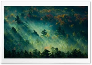 Misty Forest Landscape Illuminated by Rays of Sunlight 4K UHD Wallpaper for Widescreen and UltraWide Desktop, UltraHD TV, Smartphone, Tablet