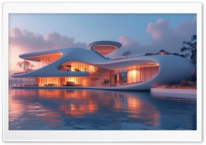 Modern, House, Concept, Architecture, Luxury, Water, Evening 4K UHD Wallpaper for Widescreen and UltraWide Desktop, UltraHD TV, Smartphone, Tablet