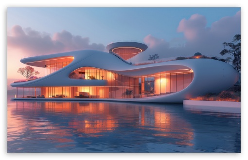 Modern, House, Concept, Architecture, Luxury, Water, Evening UltraHD Wallpaper for UHD 16:9 ; HD 16:9 ; UltraWide 21:9 24:10 32:9 32:10 ; Widescreen 16:10 5:3 ; Fullscreen 4:3 5:4 3:2 ; Tablet 1:1 ; Dual 16:10 5:3 16:9 4:3 5:4 3:2 ;