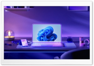 Modern Workspace Laptop Displaying Windows 11 4K UHD Wallpaper for Widescreen and UltraWide Desktop, UltraHD TV, Smartphone, Tablet