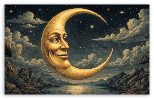 Moon with a Face Fantasy Illustration UltraHD Wallpaper for UHD 16:9 ; HD 16:9 ; Widescreen 16:10 ; Tablet 1:1 ;