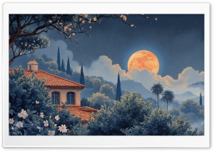 Moonrise, Houses, Mediterranean Vegetation, Mountains, Shooting Star 4K UHD Wallpaper for Widescreen and UltraWide Desktop, UltraHD TV, Smartphone, Tablet