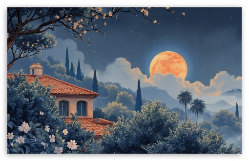 Moonrise, Houses, Mediterranean Vegetation, Mountains, Shooting Star UltraHD Wallpaper for UHD 16:9 ; HD 16:9 ; UltraWide 21:9 24:10 32:9 32:10 ; Widescreen 16:10 5:3 ; Fullscreen 4:3 5:4 3:2 ; Tablet 1:1 ; Mobile 9:16 9:19.5 9:20 10:16 2:3 3:5 3:4 ; Dual 16:10 5:3 16:9 4:3 5:4 3:2 ; Triple 16:10 5:3 16:9 4:3 5:4 3:2 ;