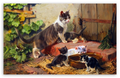 Mother Cat and Kittens Painting UltraHD Wallpaper for UHD 16:9 ; HD 16:9 ; Widescreen 16:10 5:3 ;