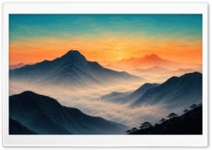 Mountain Above Clouds at Sunrise Landscape Illustration 4K UHD Wallpaper for Widescreen and UltraWide Desktop, UltraHD TV, Smartphone, Tablet
