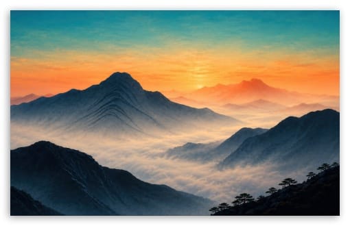 Mountain Above Clouds at Sunrise Landscape Illustration UltraHD Wallpaper for UHD 16:9 ; HD 16:9 ; UltraWide 21:9 24:10 32:9 32:10 ; Widescreen 16:10 ; Tablet 1:1 ; Mobile 9:16 9:19.5 9:20 ; Dual 16:10 16:9 ;